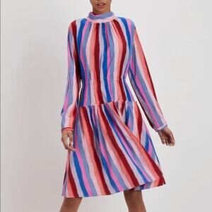The Kit Multicolor Striped Long Sleeve Bow Back Midi Dress Size Small Silky